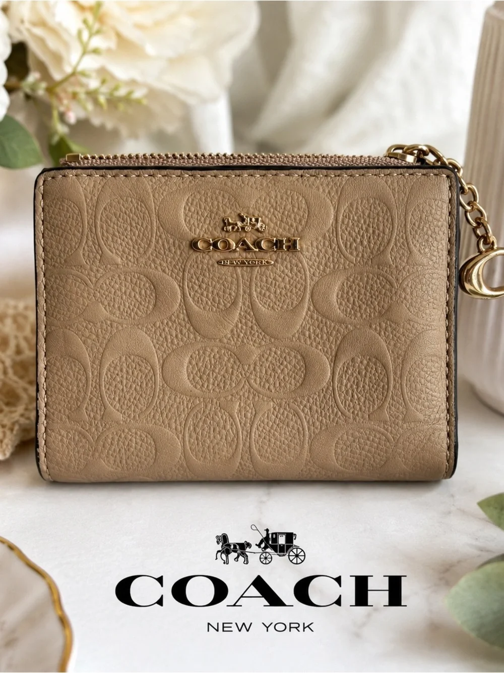 Coach Signature Leather Zip Card Case Wallet Beige Taupe Oxblood ID Holder